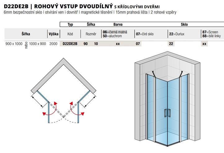 RONAL DIVERA D22DE2B sprchový kút 90x100 cm, rohový vstup, krídlové dvere, aluchróm/číre sklo D22DE2B 90 10 50 07 Technický nákres