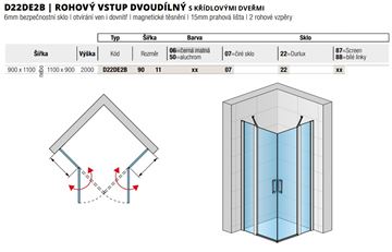 RONAL DIVERA D22DE2B sprchový kút 90x110 cm, rohový vstup, krídlové dvere, aluchróm / číre sklo D22DE2B 90 11 50 07 Technický nákres
