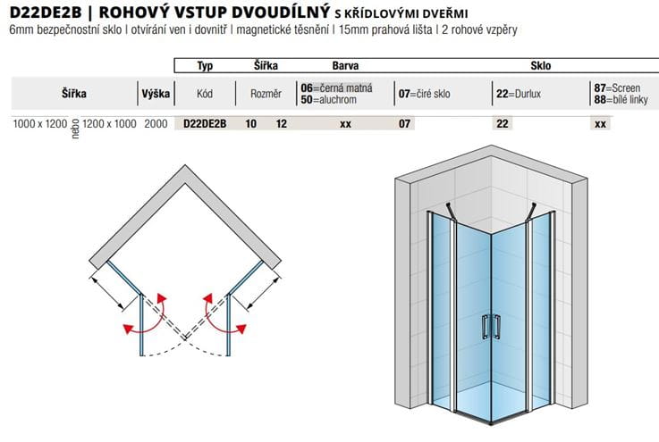 RONAL DIVERA D22DE2B sprchový kút 100x120 cm, rohový vstup, krídlové dvere, aluchróm / číre sklo D22DE2B 10 12 50 07 Technický nákres
