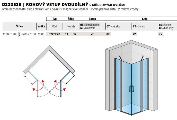 RONAL DIVERA D22DE2B sprchový kút 110x120 cm, rohový vstup, krídlové dvere, aluchróm/číre sklo D22DE2B 11 12 50 07 Technický nákres