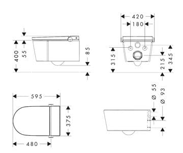 HANSGROHE LAVA PURA ELEMENT S závesným WC s bidetovým sedadlom, SoftClosing, AquaHelix Flush, HygieneEffect 63021450 Technický nákres