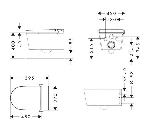 HANSGROHE LAVA PURA ELEMENT S závesným WC s bidetovým sedadlom, SoftClosing, AquaHelix Flush, HygieneEffect 63021450 Technický nákres