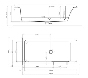 GKI DUOSETRF vaňa 170x80 cm, s dvierkami, so zástenou a sedadlom, s panelom na obloženie dlaždicami, akrylát DUOSETRF Technický nákres