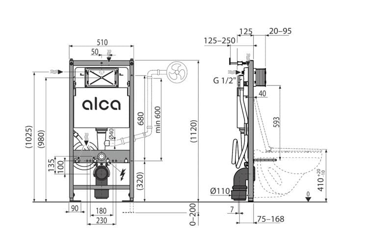 ALCA montážny prvok pre WC 112 cm, so splachovacou nádržkou AM120/1120 Technický nákres