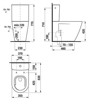JIKA CUBITO STYLE WC kombi misa, Vortex/Rimless splachovanie, Dual-Flush, vario odpad, bočné napúšťanie H8244210000001 Technický nákres