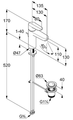 CONCEPT 100 umývadlová stojanková batéria, s odtokovou súpravou, chróm 262930524 Technický nákres