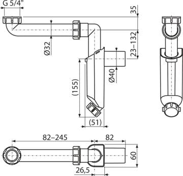 ALCA nábytkový sifón k umývadlu DN40, s prevlečnou maticou 5/4 A43S-DN40 Technický nákres