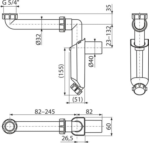 ALCA nábytkový sifón k umývadlu DN40, s prevlečnou maticou 5/4 A43S-DN40 Technický nákres