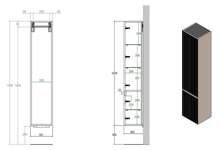 CATALANO ZERO R vysoká skrinka 35,1x30,2x165 cm, 2 dvierka, pánty vpravo, rovere cera HSZRDXPG3483 Technický nákres