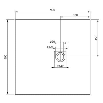GELCO MITIA sprchová vanička 90x90 cm, liaty mramor, bez nožičiek, čierna PMC9090 Technický nákres