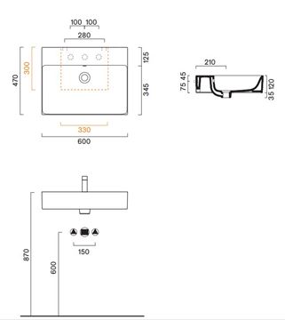 CATALANO PREMIUM umývadlo 60 cm, s otvorom pre batériu a prepadom, Cataglaze+Silver Titanium, matná biela 0220601021 Technický nákres
