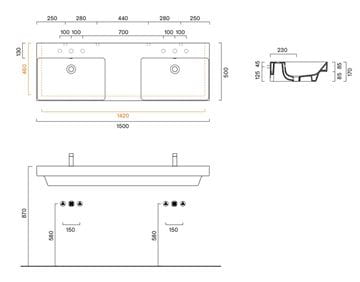 CATALANO ZERO dvojumývadlo 150 cm, s prepadom, Cataglaze+Silver Titanium 0121520001 Technický nákres