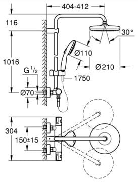GROHE TEMPESTA SYSTEM 210 sprchový set s termostatickou batériou, horná sprcha, ručná sprcha s 2 prúdmi, tyč, hadica, chróm 1348410000 Technický nákres
