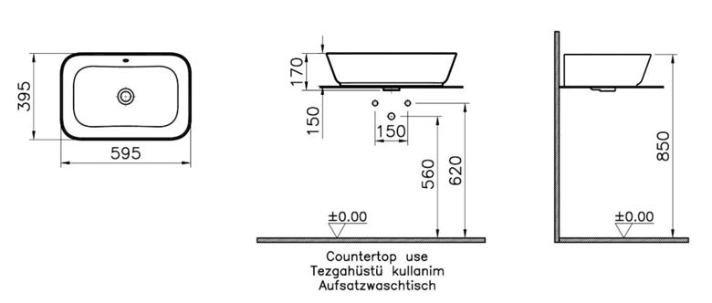 VITRA GEO umývadlo na dosku 60 cm, s prepadom 7425B001-0012 Technický nákres