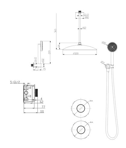 EASY+ SELECTION sprchový set s podomietkovou batériou, horná sprcha, ručná sprcha, hadica, držiak, brúsené zlato EASP-04331-BG Technický nákres