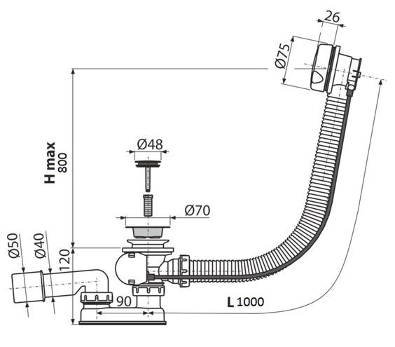 ALCA vaňový sifón 100 cm, bovden, lesklá biela A51B-100 Technický nákres