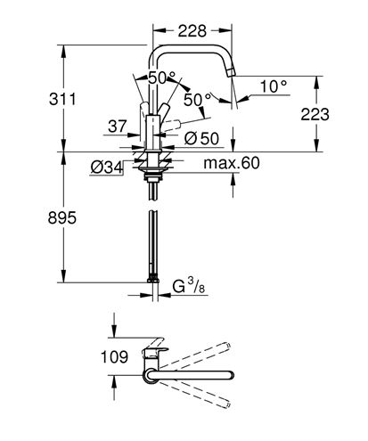 GROHE EUROSMART drezová batéria, sklopná pod okno, chróm 30618000 Technický nákres
