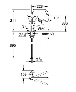 GROHE EUROSMART drezová batéria, sklopná pod okno, chróm 30618000 Technický nákres