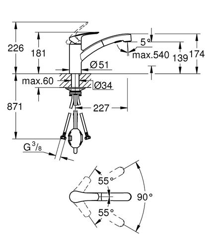 GROHE EUROSMART drezová batéria, s vyťahovacou sprškou, sklopná pod okno, chróm 1012320000 Technický nákres