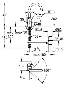 GROHE EUROSMART COSMOPOLITAN umývadlová stojanková batéria, s odtokovou súpravou, chróm 32830001 Technický nákres