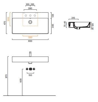 CATALANO PREMIUM umývadlo 80 cm, s otvorom pre batériu a prepadom, Cataglaze+Silver Titanium 0220801001 Technický nákres