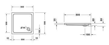 CONCEPT 100 NEW sprchová vanička 80x80 cm, akrylát, bez nožičiek 720388000000000 Technický nákres