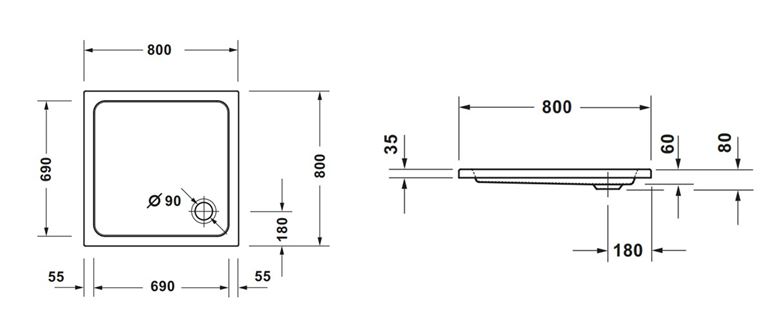 CONCEPT 100 NEW sprchová vanička 80x80 cm, akrylát, bez nožičiek 720388000000000 Technický nákres