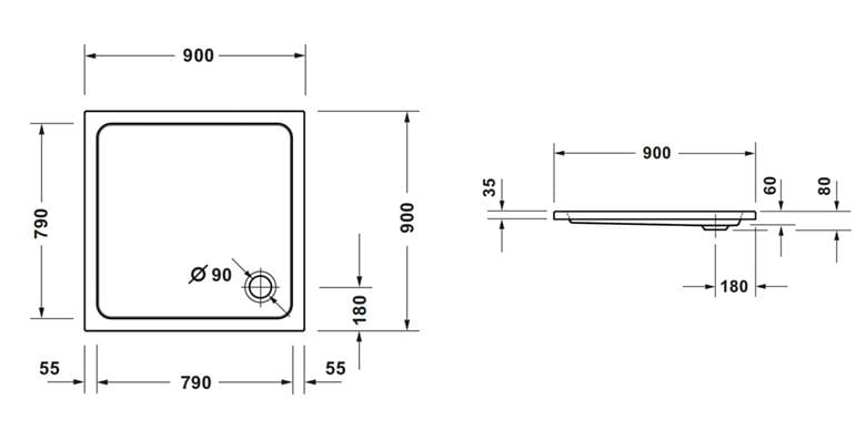 CONCEPT 100 NEW sprchová vanička 90x90 cm, akrylát, bez nožičiek 720389000000000 Technický nákres