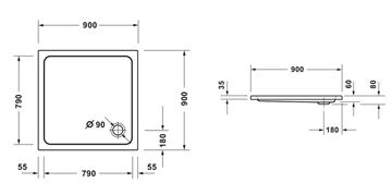 CONCEPT 100 NEW sprchová vanička 90x90 cm, akrylát, bez nožičiek 720389000000000 Technický nákres