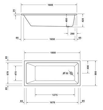 CONCEPT 100 NEW vaňa 180x80 cm, bez nožičiek, akrylát 700724000000000 Technický nákres