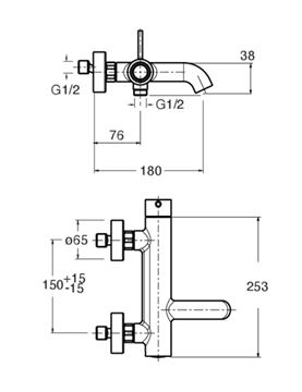 CONCEPT 300 ROUND vaňová nástenná batéria, s prepínačom, PVD, kartáčované ružové zlato CRIPH18734PCON Technický nákres