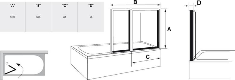 RAVAK VS2 vaňová zástena 105x140 cm, skladacia, biela/sklo transparent 796M0100Z1 Technický nákres