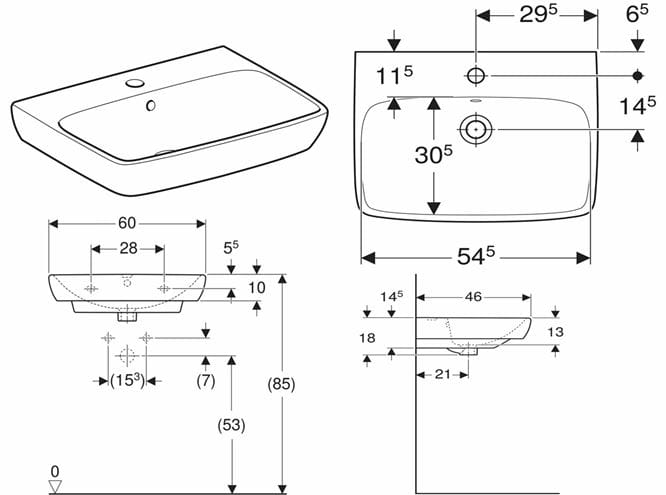 GEBERIT SELNOVA SQUARE umývadlo 60 cm, s otvorom pre batériu a prepadom 500.300.01.7 Technický nákres