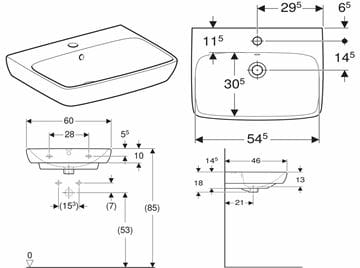 GEBERIT SELNOVA SQUARE umývadlo 60 cm, s otvorom pre batériu a prepadom 500.300.01.7 Technický nákres