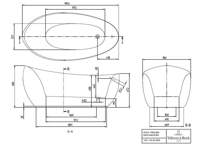 VILLEROY & BOCH AVEO voľne stojaca vaňa 190x95 cm, quaryl, biela alpín UBQ194AVE9W1V-01 Technický nákres
