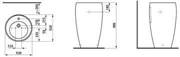 LAUFEN ILBAGNOALESSI ONE umývadlo na podlahu 53 cm, s otvorom na batériu, skrytý prepad, LCC H8119724001041 Technický nákres