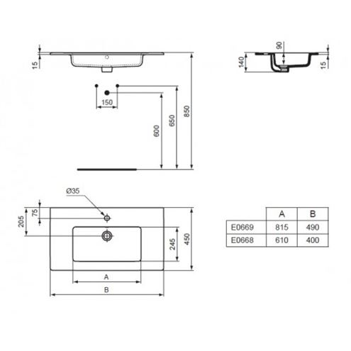 IDEAL STANDARD TEMPO umývadlo 81,5 cm, s otvorom pre batériu a prepadom E066901 Technický nákres