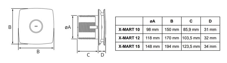CATA X-MART 10 T axiálny ventilátor 100 mm, nástenný/stropný/do okna, s časovačom a spätnou klapkou, nerez 01041000 Technický nákres