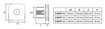 CATA X-MART 12 T INOX axiálny ventilátor 120 mm, nástenný/stropný/do okna, s časovačom a spätnou klapkou, nerez 01051000 Technický nákres