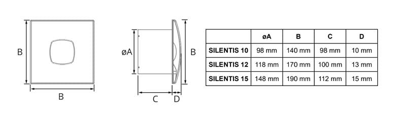CATA SILENTIS 15 T axiálny ventilátor 150 mm, nástenný/stropný, s časovačom a spätnou klapkou 01091000 Technický nákres