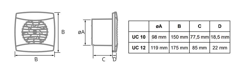 CATA UC 10 axiálny ventilátor 100 mm, nástenný/stropný, so spätnou klapkou 01200000 Technický nákres