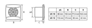 CATA UC 12 T axiálny ventilátor 120 mm, nástenný/stropný, s časovačom a spätnou klapkou 01300100 Technický nákres