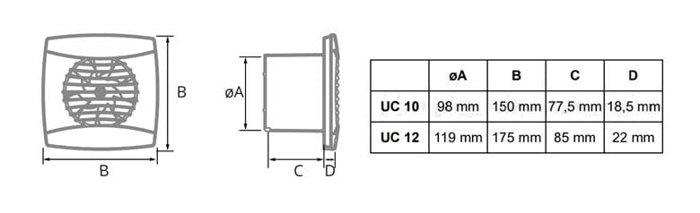 CATA UC 12 T axiálny ventilátor 120 mm, nástenný/stropný, s časovačom a spätnou klapkou 01300100 Technický nákres