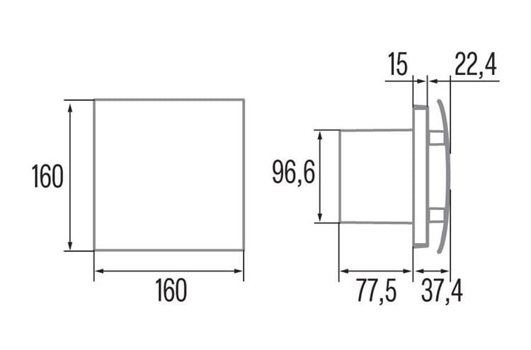 CATA UC 10 SILENTIS BLACK axiálny ventilátor 96,6 mm, nástenný/stropný, so spätnou klapkou, čierna 01222000 Technický nákres