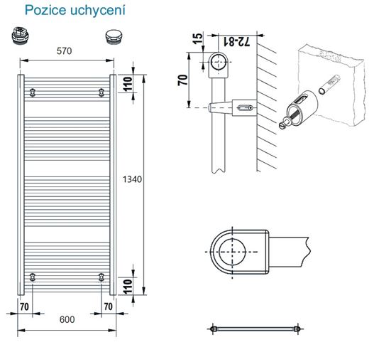 CONCEPT 100 KTK kúpeľňový radiátor 1340/600, bočné pripojenie, biela RAL9016 KTK-134060-11-10 Technický nákres