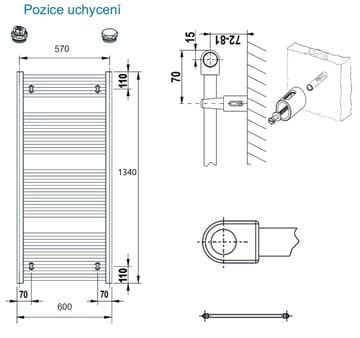 CONCEPT 100 KTK kúpeľňový radiátor 1340/600, bočné pripojenie, biela RAL9016 KTK-134060-11-10 Technický nákres