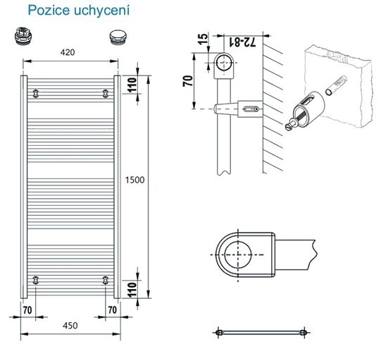 CONCEPT 100 KTK kúpeľňový radiátor 1500/450, bočné pripojenie, biela RAL9016 KTK-150045-11-10 Technický nákres