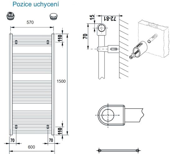 CONCEPT 100 KTK kúpeľňový radiátor 1500/600, bočné pripojenie, biela RAL9016 KTK-150060-11-10 Technický nákres