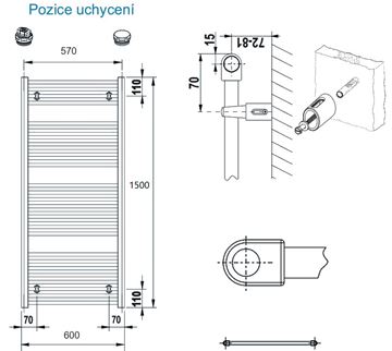 CONCEPT 100 KTK kúpeľňový radiátor 1500/600, bočné pripojenie, biela RAL9016 KTK-150060-11-10 Technický nákres