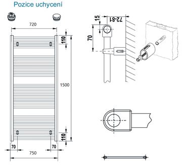 CONCEPT 100 KTK kúpeľňový radiátor 1500/750, bočné pripojenie, biela RAL9016 KTK-150075-11-10 Technický nákres